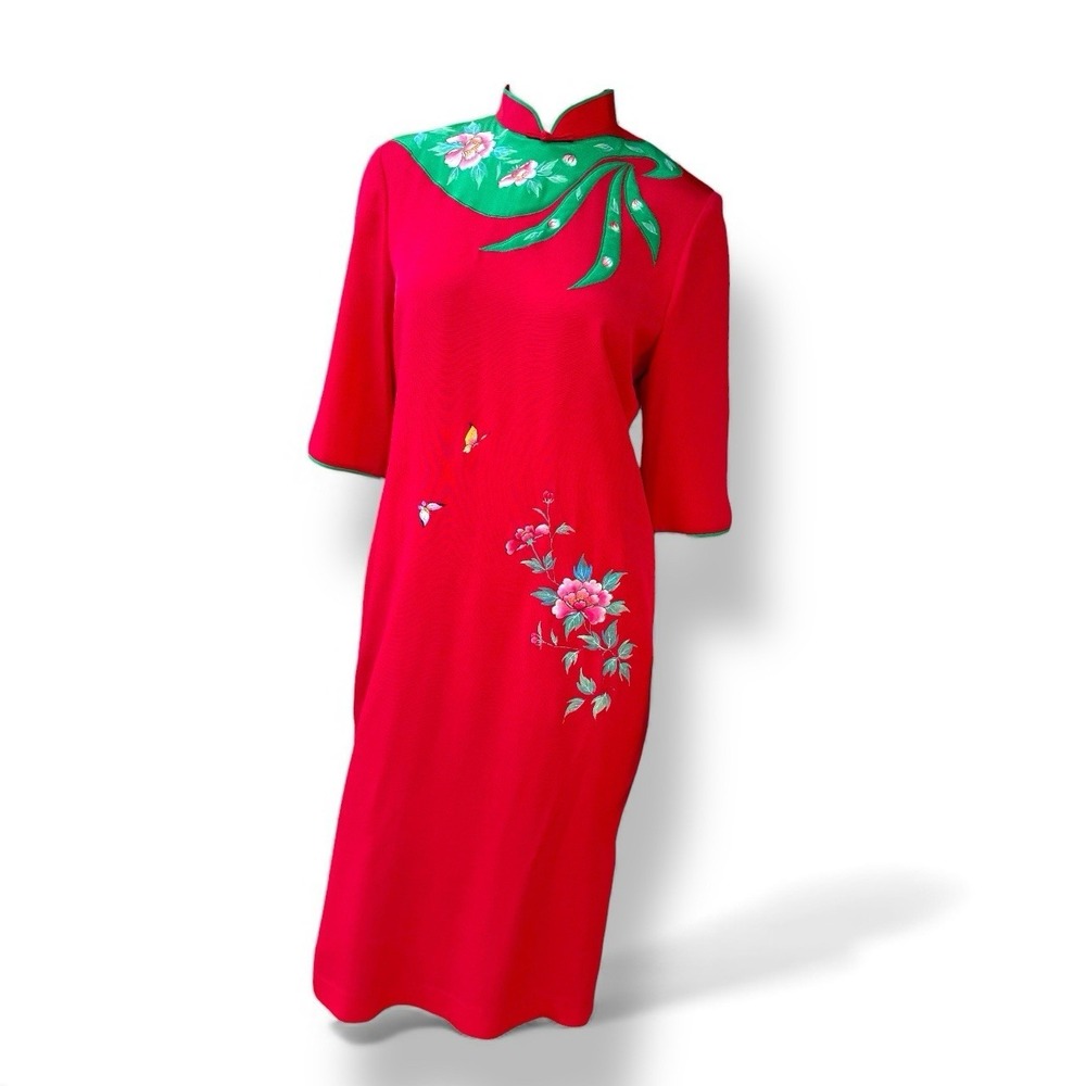 VTG Asian dress Midi Dress Red, Hand Painted, Artwear Silky Lining, mid Sleeve 6